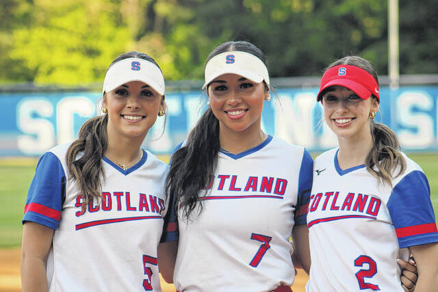 Scotland seniors Addison Lewis (5), left, Ramsey Hale (7), center and Kinsey Hamilton (2), right, were honored during Senior Night. 
                                 Travis Petty Jr | The Laurinburg Exchange