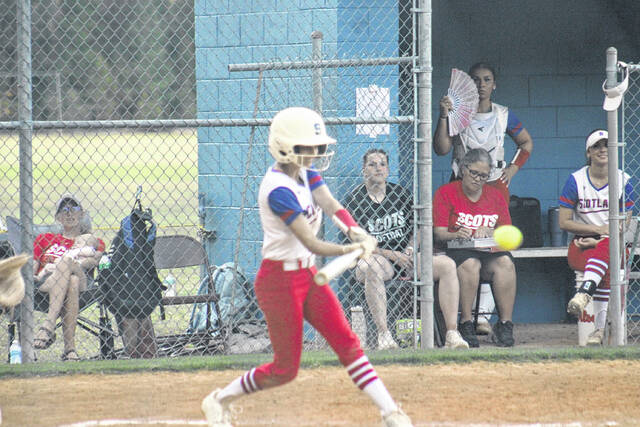 Scotland junior Arianna Brigman (1) swings through a pitch versus Purnell Swett on April 17, 2026. 
                                 Travis Petty Jr | The Laurinburg Exchange