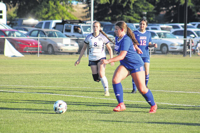 Scotland freshman Margaret Dietrich (23) moves in transition with the ball against Purnell Swett on April 22, 2026.
                                 Travis Petty Jr | The Laurinburg Exchange