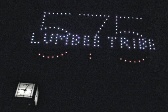A drone light show pays tribute to the Lumbee Tribe during its Federal Recognition Celebration Saturday in Pembroke.
                                 Chris Stiles | The Robesonian