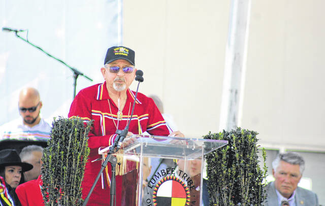 Larry Townsend speaks during the Lumbee Tribes Federal Recognition Celebration Saturday in Pembroke.
                                 Chris Stiles | The Robesonian