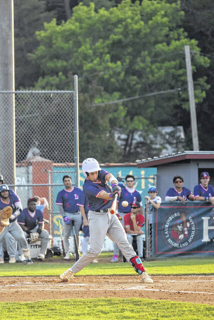 David Bullard (8) swings for the Highland Hooligans versus the Sandhills Bogeys on May 28, 2026 at Legion Park.