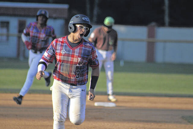 Highland Hooligans Alfredo Jimenez Jr. (3) rounds the bases after Markey Purvis first-inning grand slam against the Shallotte Shallywags on June 4, 2026, at Legion Park. 
                                 Travis Petty Jr | The Laurinburg Exchange