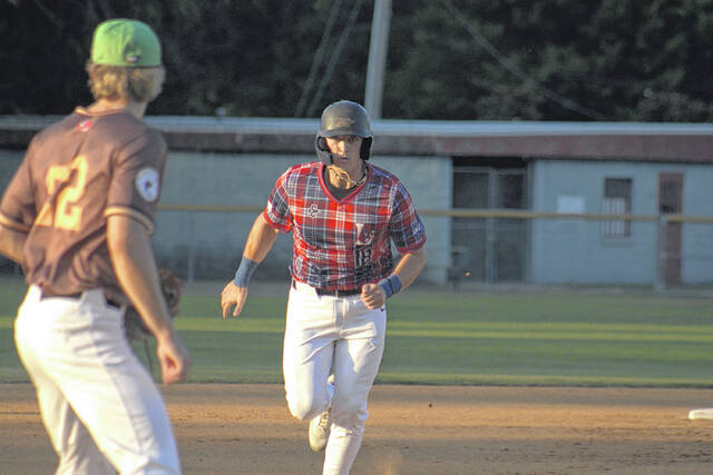 Highland Hooligans Parker Giglio (18) sprints to third base versus the Shallotte Shallywags on June 4, 2026, at Legion Park.
                                 Travis Petty Jr | The Laurinburg Exchange