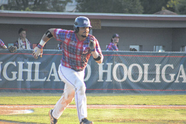 Highland Hooligans Juan Almonte (24) runs to first base during a game against the Cape Fear Ghost Crabs on June 12, 2026, at Legion Park.
Travis Petty Jr | The Laurinburg Exchange